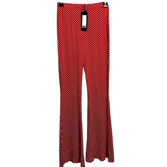 Nasty Gal Collection Sz 2 Valentines Day Red Polka Dot Stretch Flare Leg Pants - Picture 1 of 3